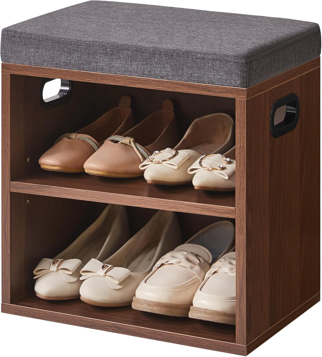 YMYNY Small Shoe Storage Bench with Cushion, 2 Tier Entryway Bench with Shoe Storage, Shoe Rack Bench for Entryway, Living Room, Hallway, Closet, Bedroom, 15.4L*11W*16.54H, Light Walnut HBD028LW