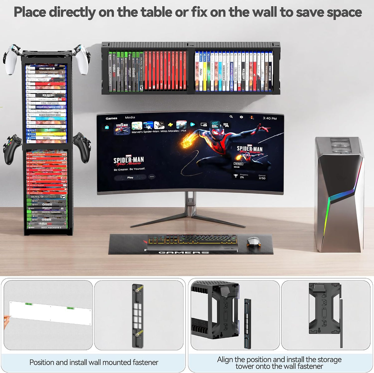 Video Game Disc Rack Tower Storage Holder Stand Universal for PS5/PS4/XBOX One/Series/NS Game, Game Organizer Shelf Display Stand for Wall Mount/Desk/Floor with Controller Holder Sega Genesis Consoles