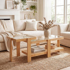 Giantex Nesting Coffee Table Set of 2, Boho Rattan Accent Table with Tempered Glass Top & Solid Rubber Wood Frame, Modern Rectangular Center Table for Living Room, Natural