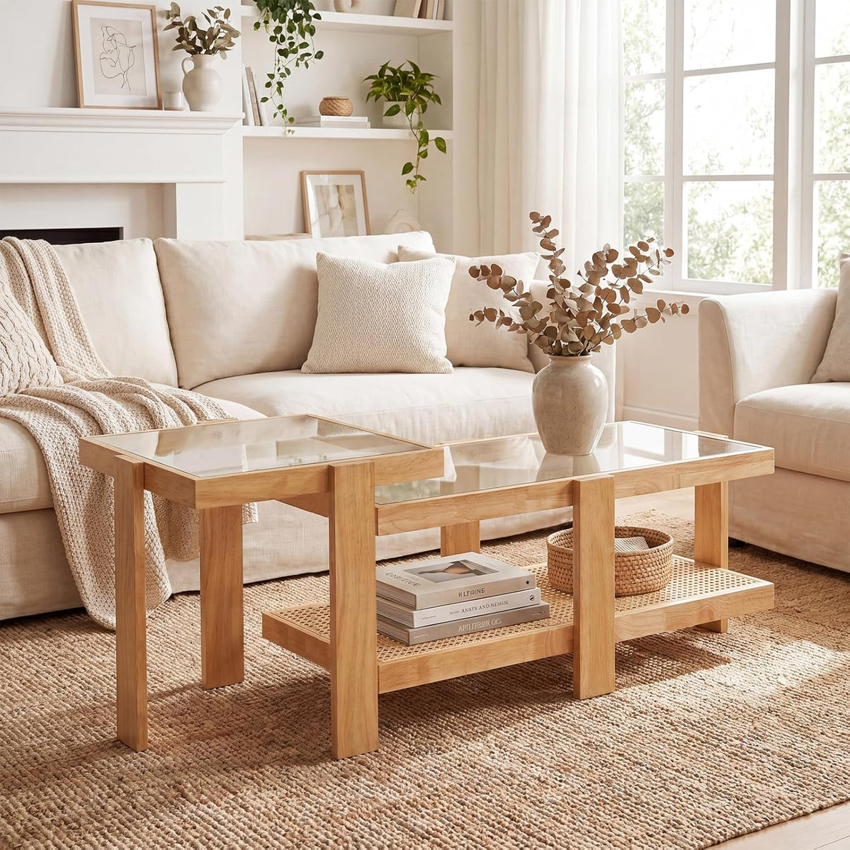 Giantex Nesting Coffee Table Set of 2, Boho Rattan Accent Table with Tempered Glass Top & Solid Rubber Wood Frame, Modern Rectangular Center Table for Living Room, Natural