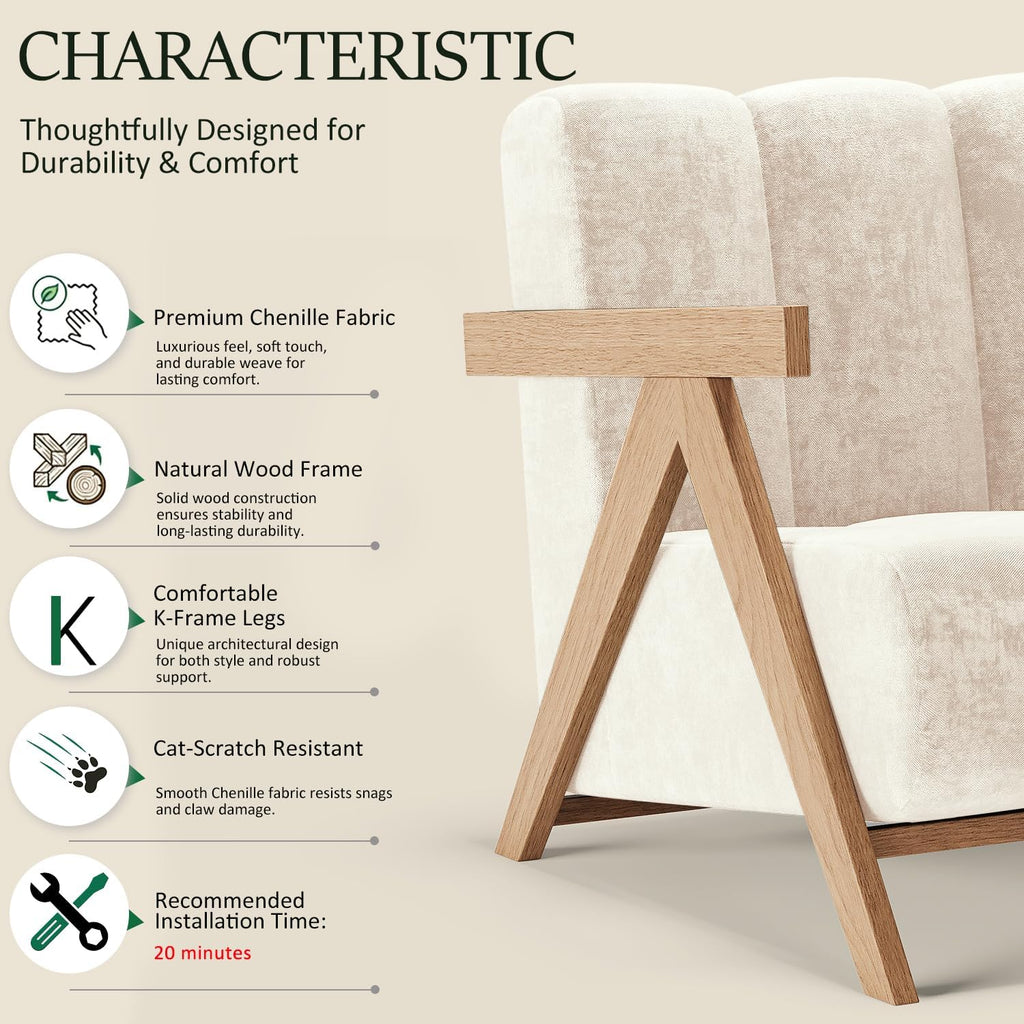 Modern Accent Chair for Living Room Bedroom,Comfy Chenille Reading Chair with Wood Frame,Oversized Upholstered Lounge Armchair with Thick High-Elastic Sponge for Apartment & Waiting Room (White,1)