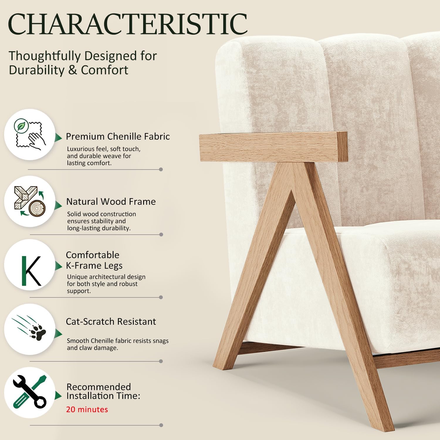 Modern Accent Chair for Living Room Bedroom,Comfy Chenille Reading Chair with Wood Frame,Oversized Upholstered Lounge Armchair with Thick High-Elastic Sponge for Apartment & Waiting Room (White,1)