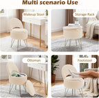 Korser Vanity Stool Chair with Storage and Folding Back, 13"x13"x27.6" Round Faux Fur Comfy Ottoman, 4 Metal Legs with Anti-Slip Feet, Makeup Chair for Living Room, Bedroom, Dressing Room