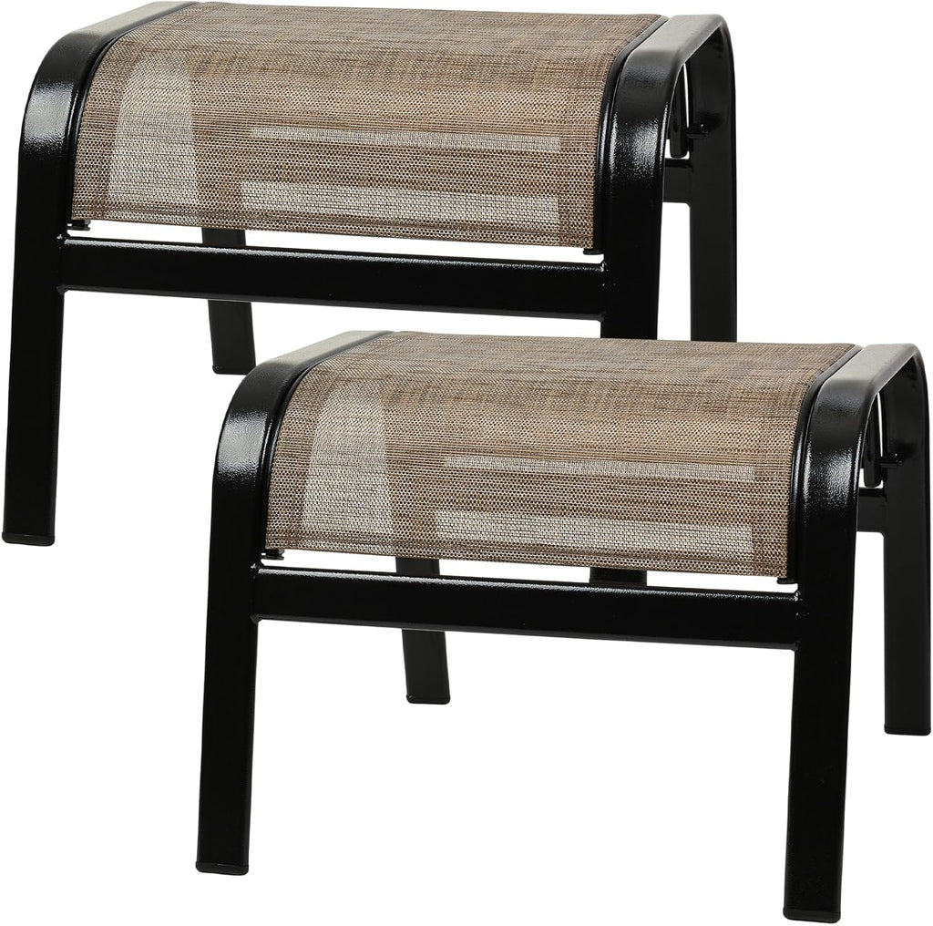 Outdoor Patio Footstool Ottoman Assembled 2 Set All Weather Breathable Metal Frame Greige