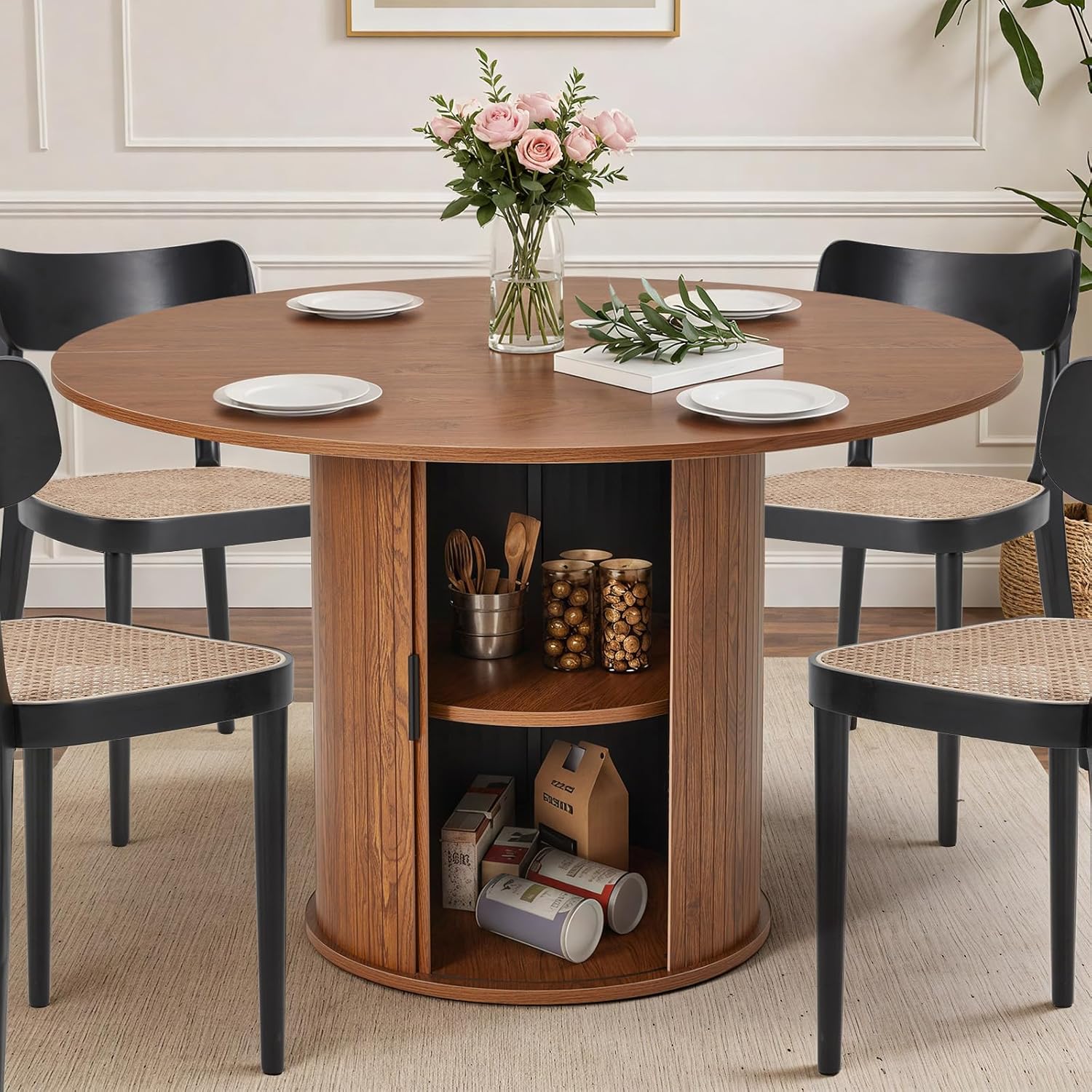 AVAWING 47-inch Round Dining Table for 4-6, Circle Fluted Kitchen Table with 2-Layer Storage Shelf and Wood Slide Door, Mid-Century Modern Fluted Design Wooden Dining Desk for Dining Room, Brown
