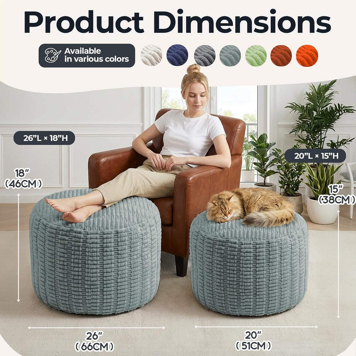 Round Pouf Ottoman Stuffed Corduroy Poufs Foot Rest with Foam Filling Fluffy Pouf Storage Ottoman Relax Stool for Living Room Couch 20 X 15 Inches, Haze Blue