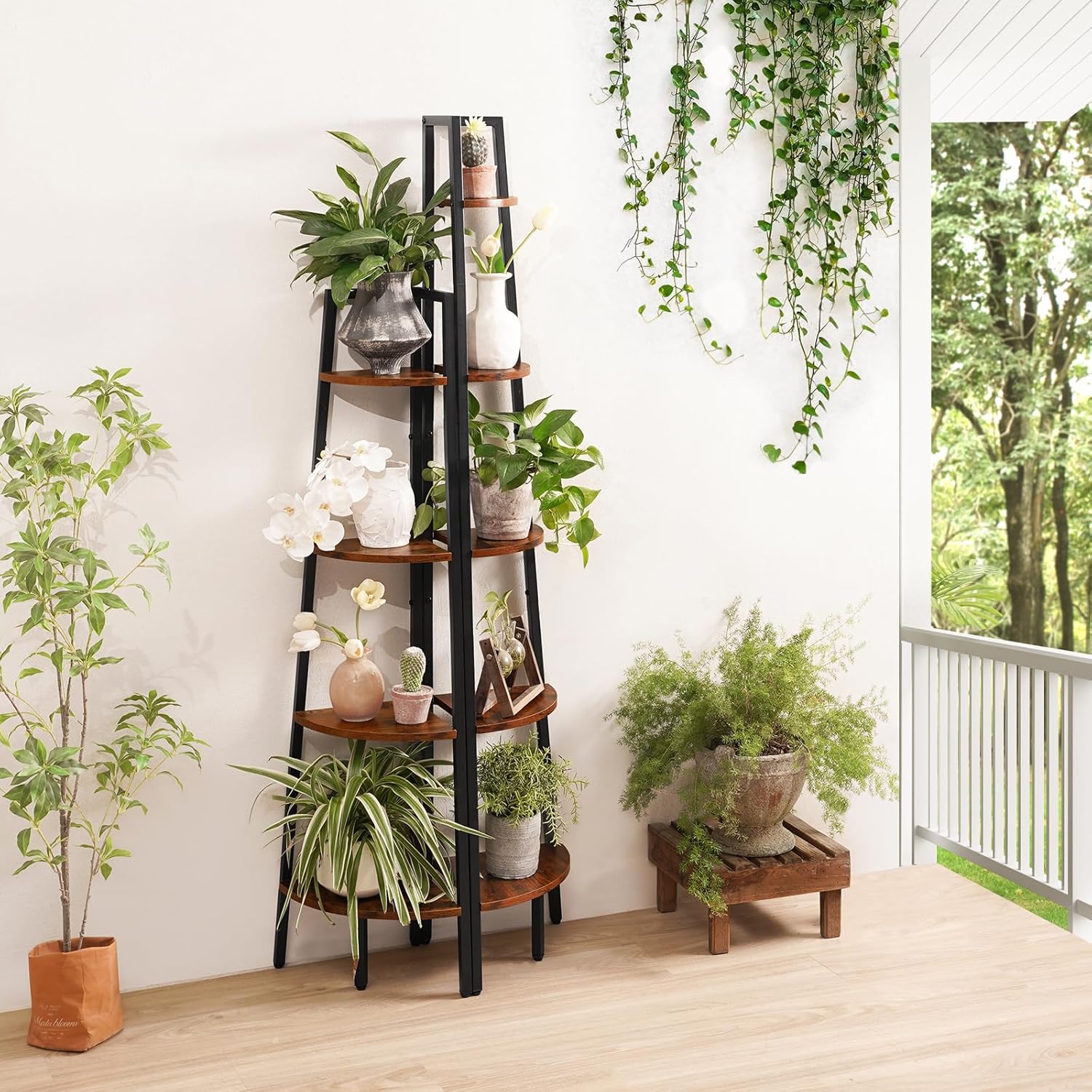 Yoobure Corner Shelf, 5-Tier Corner Bookshelf with Metal Frame & Wood Ladder Shelves - Display Shelf & Tall Bookcase, Plant Stand for Home Decor - Bedroom, Living Room, Office