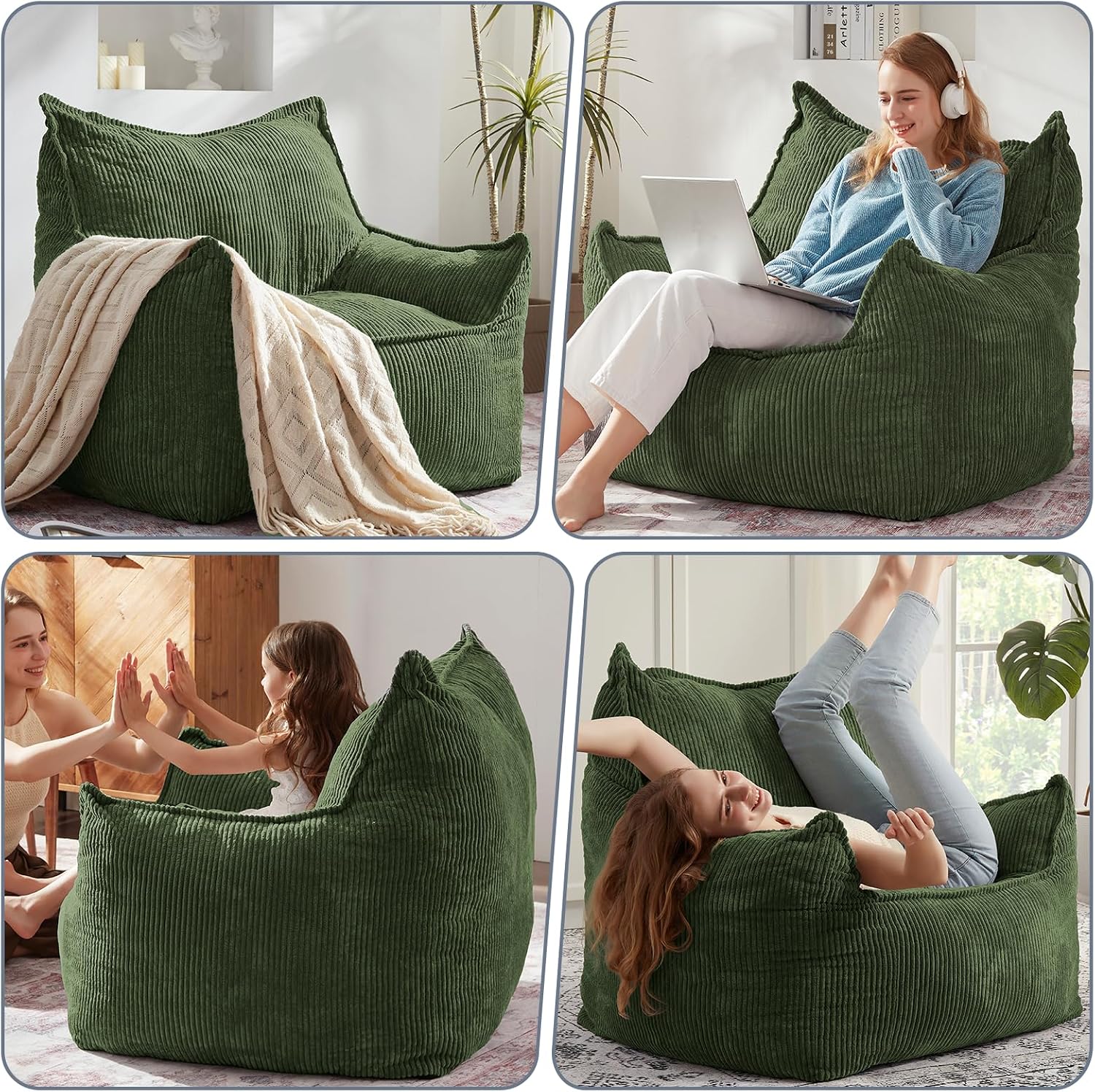EBENCHICO Giant Bean Bag Chair for Adults, Corduroy Large Bean Bag Chairs for Teens with Armrests, Comfy Adult BeanBag Chair Sofa Couch with Filler Included for Bedroom Living Room