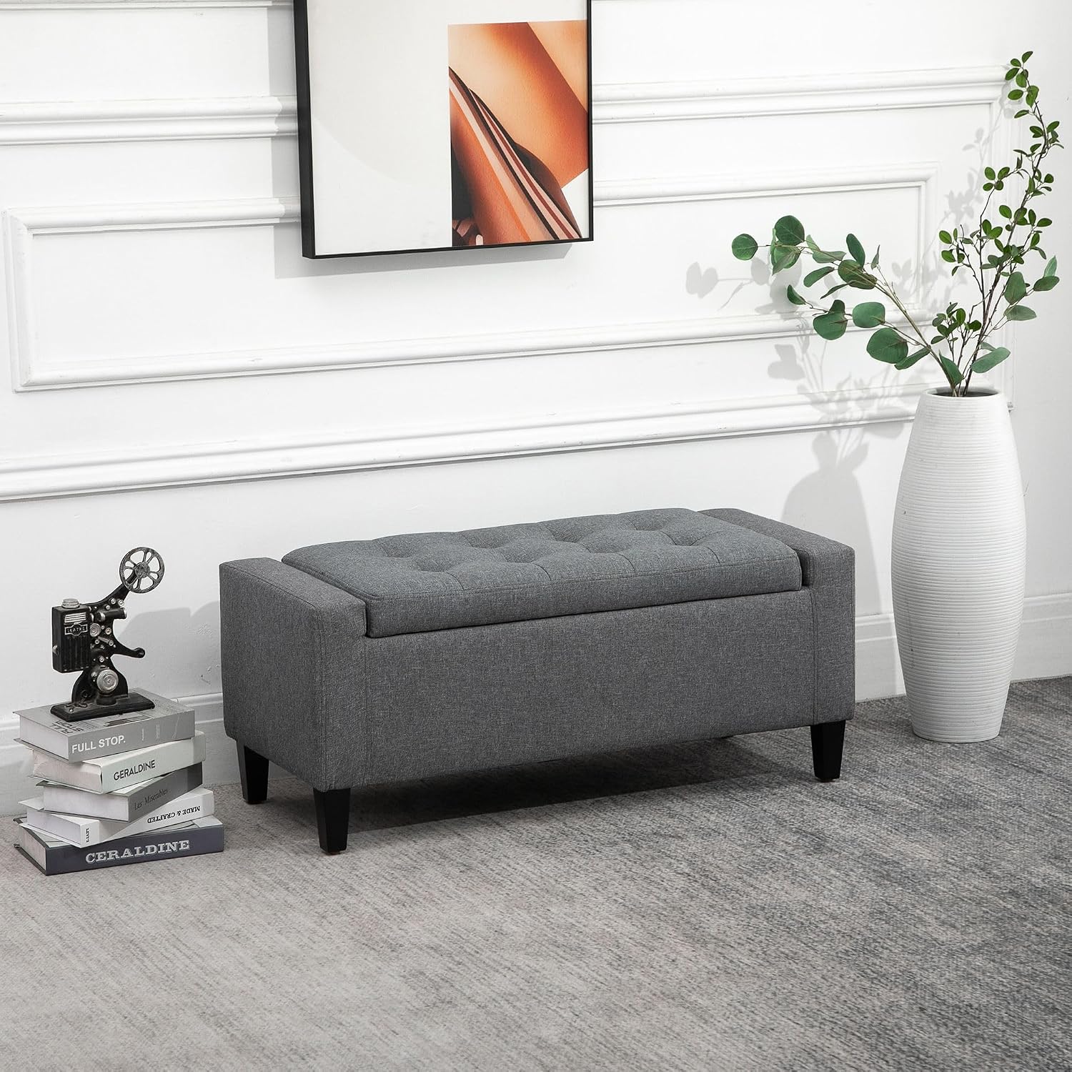 Gray Storage Ottoman with Linen Cover
