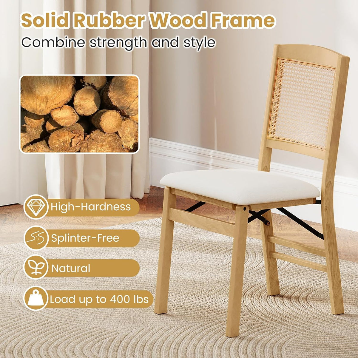 KOTEK Folding Dining Chairs Set of 2, Wooden Kitchen Chairs with Padded Seat & Rattan Backrest, Foldable Armless Side Chairs for Dining Room, Living Room (Natural & Beige)