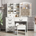 Vanity Desk Set with Lighted Mirror and Upholstered Stool, Vanity Table with Sliding Mirror LED Lighted - 3 Color Models, Makeup Desk with 6 Drawers & 5 Shelves & Stool, Makeup Table for Bedroom Apt