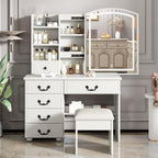 Vanity Desk Set with Lighted Mirror and Upholstered Stool, Vanity Table with Sliding Mirror LED Lighted - 3 Color Models, Makeup Desk with 6 Drawers & 5 Shelves & Stool, Makeup Table for Bedroom Apt
