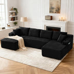 Tmsan 133.5" Black Sectional Sofa Couches for Living Room, Oversized U Shaped Cloud Modular Set with Cup Holders & Side Pockets & Deep Seat, Comfy Corduroy Foam Compressed No Assembly