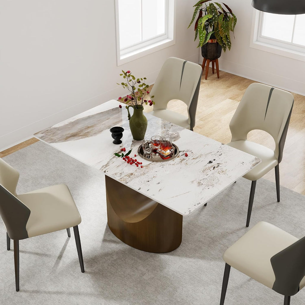 55" Modern Dining Table for 4-6, White Rectangle Dining Table, Sintered Stone Dining Tabletop with U-Shape Carbon Steel Pedestal (Table Only)