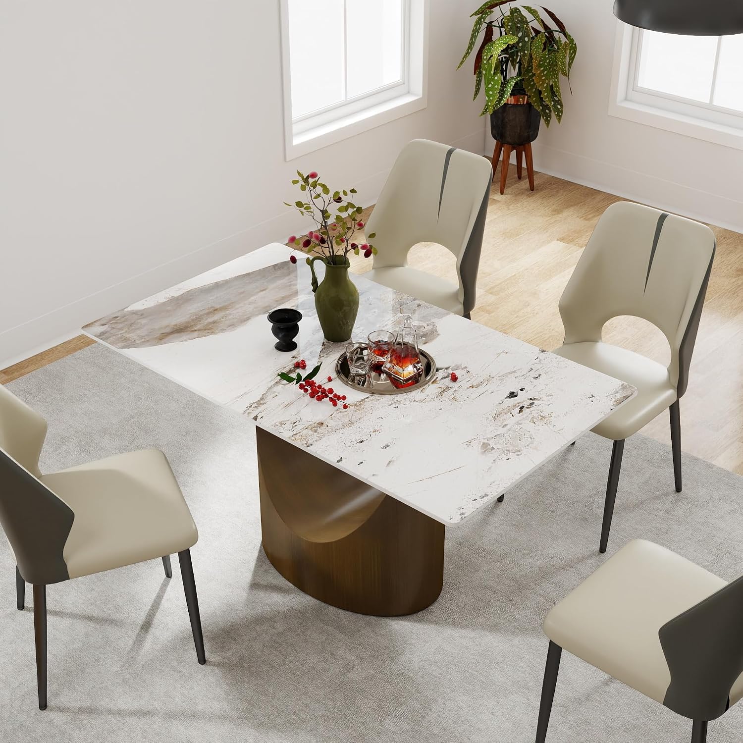 55" Modern Dining Table for 4-6, White Rectangle Dining Table, Sintered Stone Dining Tabletop with U-Shape Carbon Steel Pedestal (Table Only)
