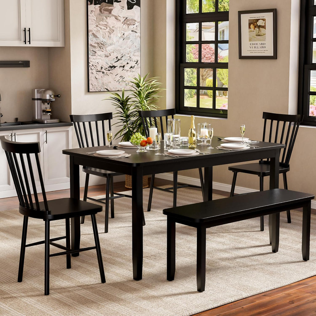 JUMMICO Solid Wood 6 Piece Dining Table Set, Modern 58"/W Kitchen Table Set for 6 with 4 Windsor Chairs & 1 Bench, Kitchen & Dining Room Sets for Kitchen, Restaurant (Black)