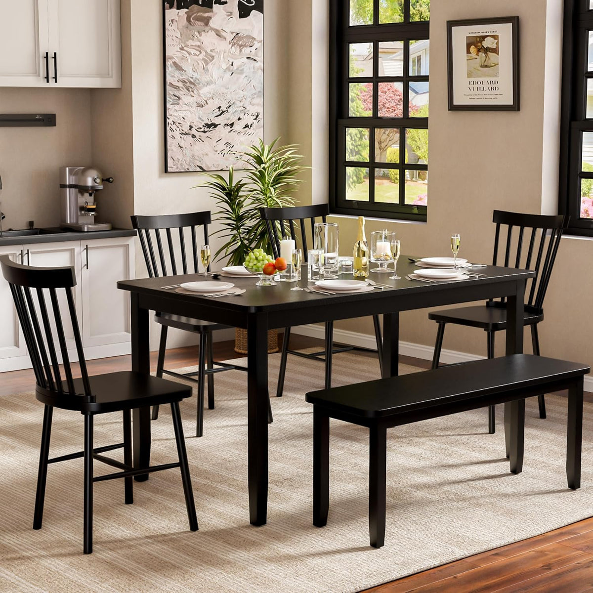 JUMMICO Solid Wood 6 Piece Dining Table Set, Modern 58"/W Kitchen Table Set for 6 with 4 Windsor Chairs & 1 Bench, Kitchen & Dining Room Sets for Kitchen, Restaurant (Black)