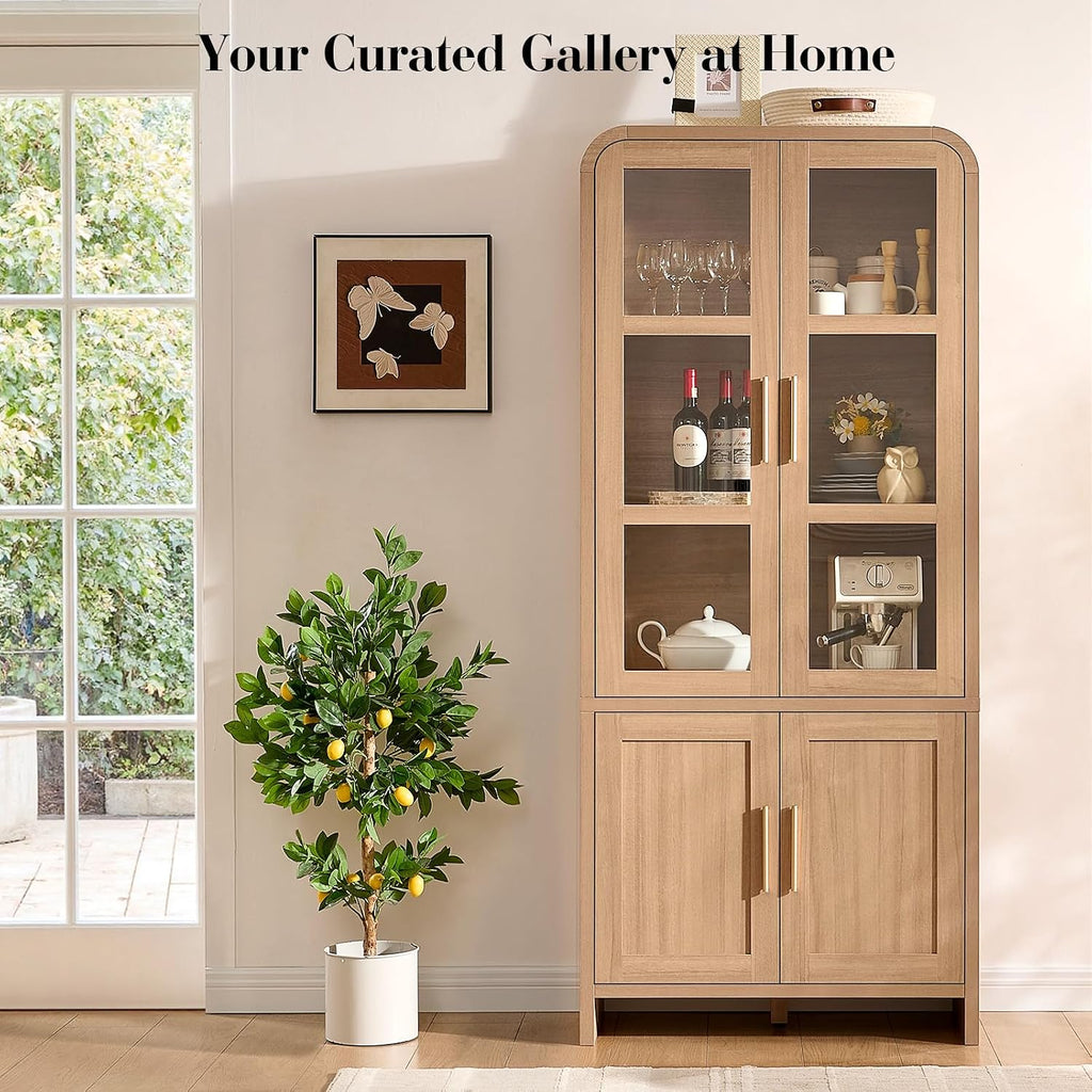 77" Tall Kitchen Pantry Cabinet,Thickened Panel,Oak,1Pcs | Wooden Curved Storage Cabinets with Adjustable Shelf, Cupboard with Glass Door for Dining Room, Living Room, Bathroom