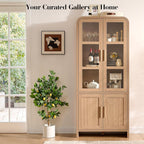 77" Tall Kitchen Pantry Cabinet,Thickened Panel,Oak,1Pcs | Wooden Curved Storage Cabinets with Adjustable Shelf, Cupboard with Glass Door for Dining Room, Living Room, Bathroom