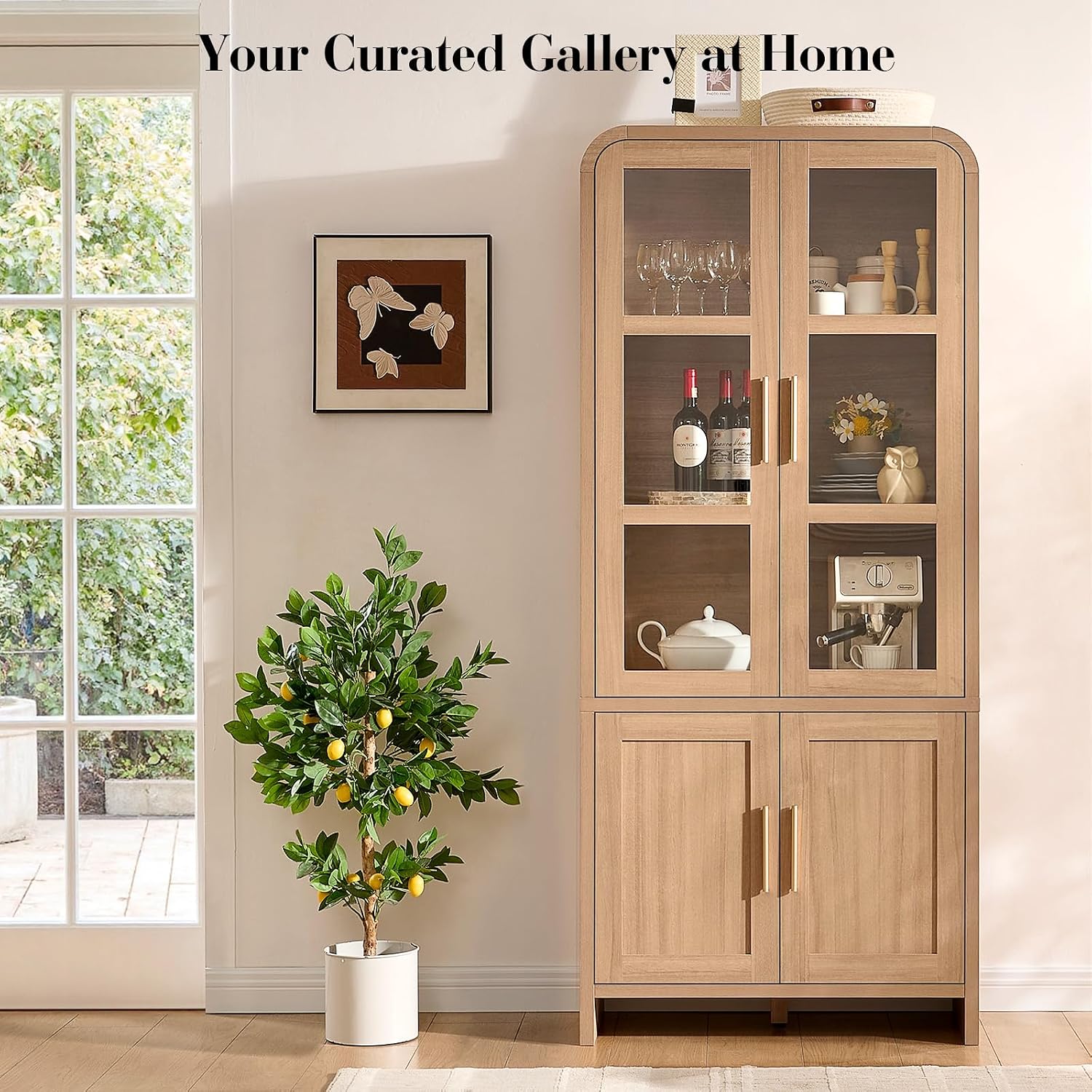 77" Tall Kitchen Pantry Cabinet,Thickened Panel,Oak,1Pcs | Wooden Curved Storage Cabinets with Adjustable Shelf, Cupboard with Glass Door for Dining Room, Living Room, Bathroom