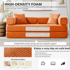 4-in-1 Folding Convertible Sofa Bed, 78 Inch Couch with Fixed-Shape Frame, Corduroy Loveseat Sleeper with Pull Out Bed, Floor Sofa Modular Futon Couch for Living Room Bedroom Lounge (Orange)