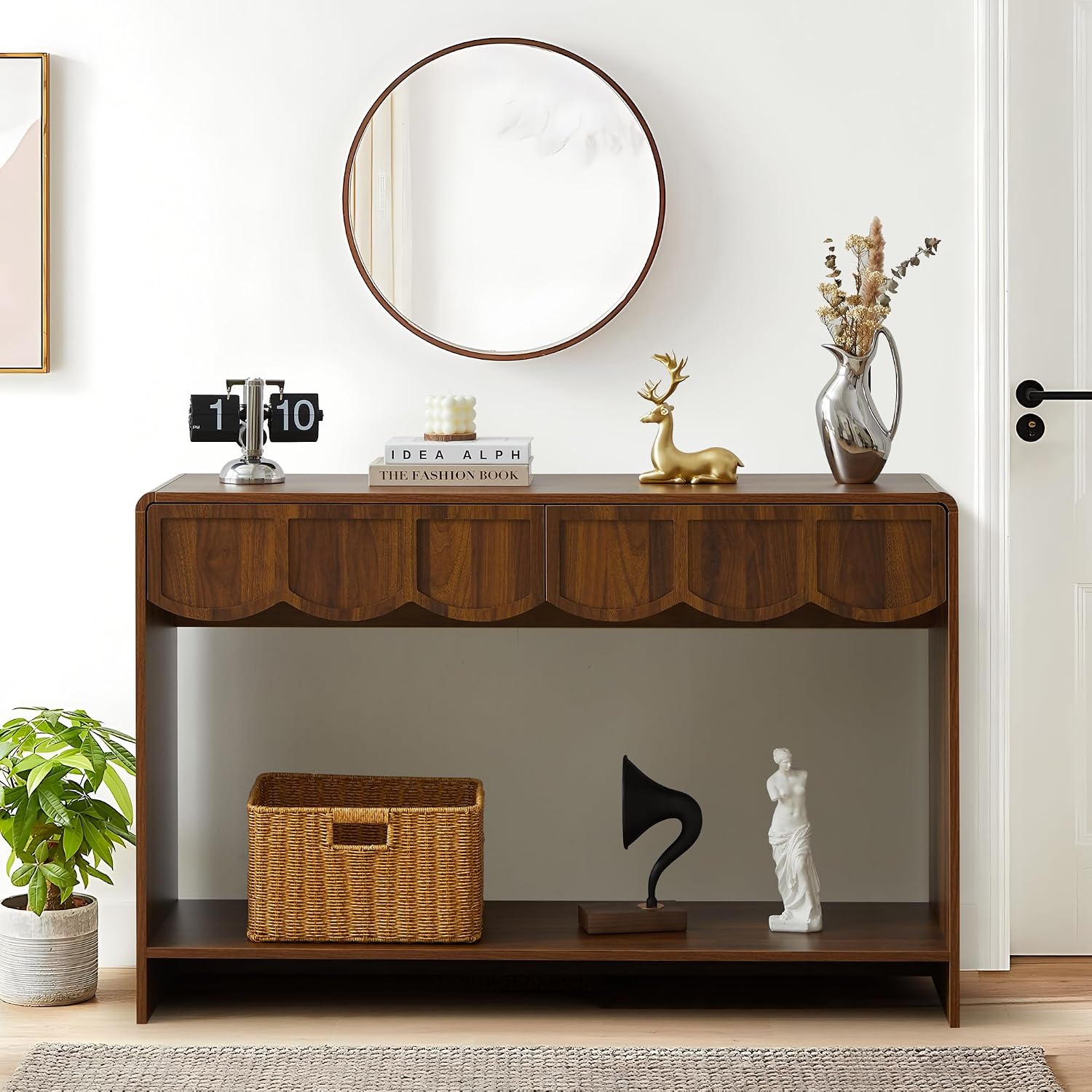 ORRD Console Table with Drawers, Mid-Century 43 Inches Narrow Entryway Tables with Open Storage Shelves, Hallway Accent Tables Behind Couch Table for Living Room - Walnut