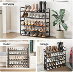 Shoe Rack - Expandable Shoe Organizer for Closet, Adjustable Metal Shoe Shelf Storage, 4 Tier Stackable Long Shoe Stand Holder for Garage, Entryway, Door Entrance, Black