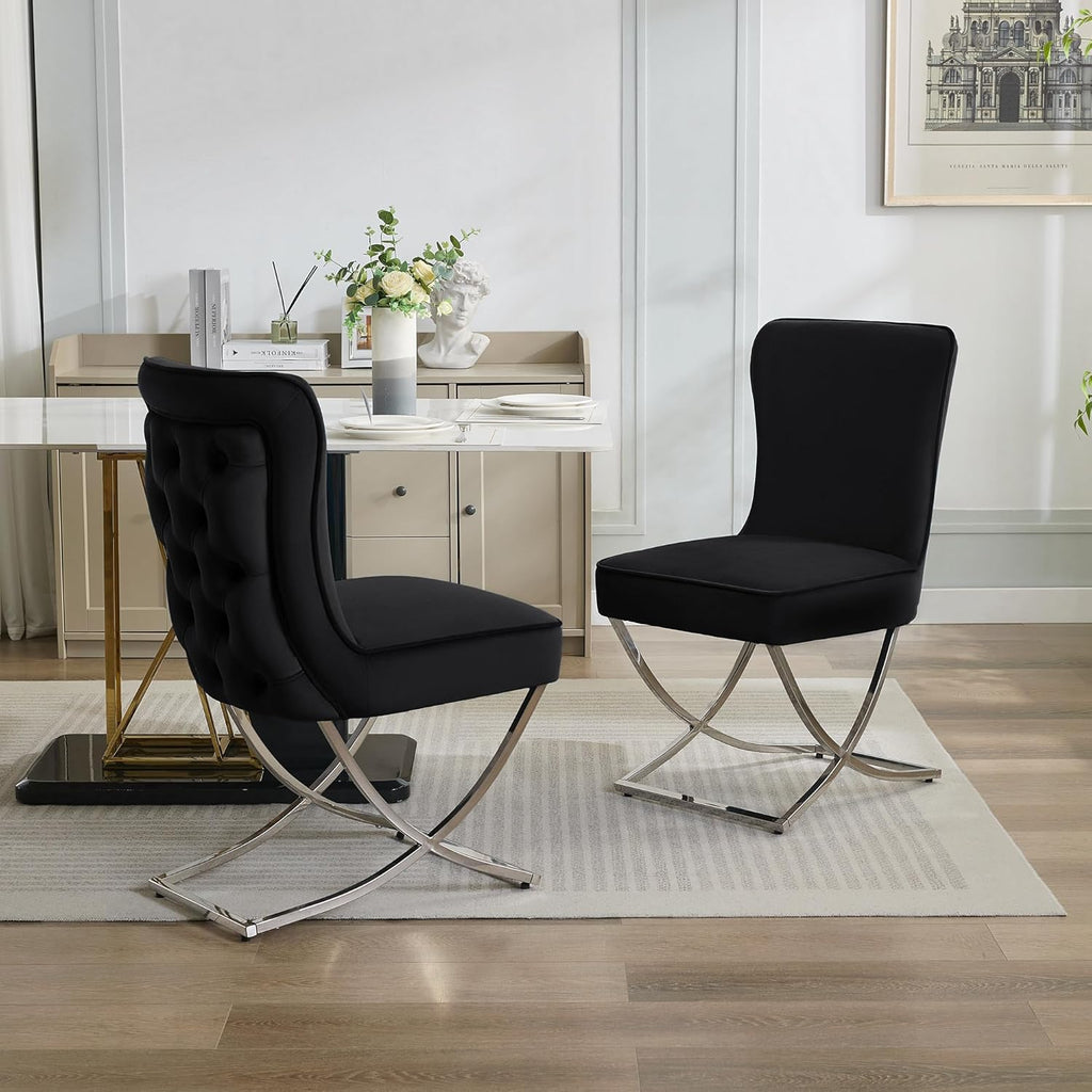 WUTUTUEE Luxury Velvet Dining Chairs, Tufted Upholstered Armless Accent Chairs with Silver Metal X-Legs, Modern Glam Dining Room Chair Set of 2, Black