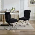 WUTUTUEE Luxury Velvet Dining Chairs, Tufted Upholstered Armless Accent Chairs with Silver Metal X-Legs, Modern Glam Dining Room Chair Set of 2, Black