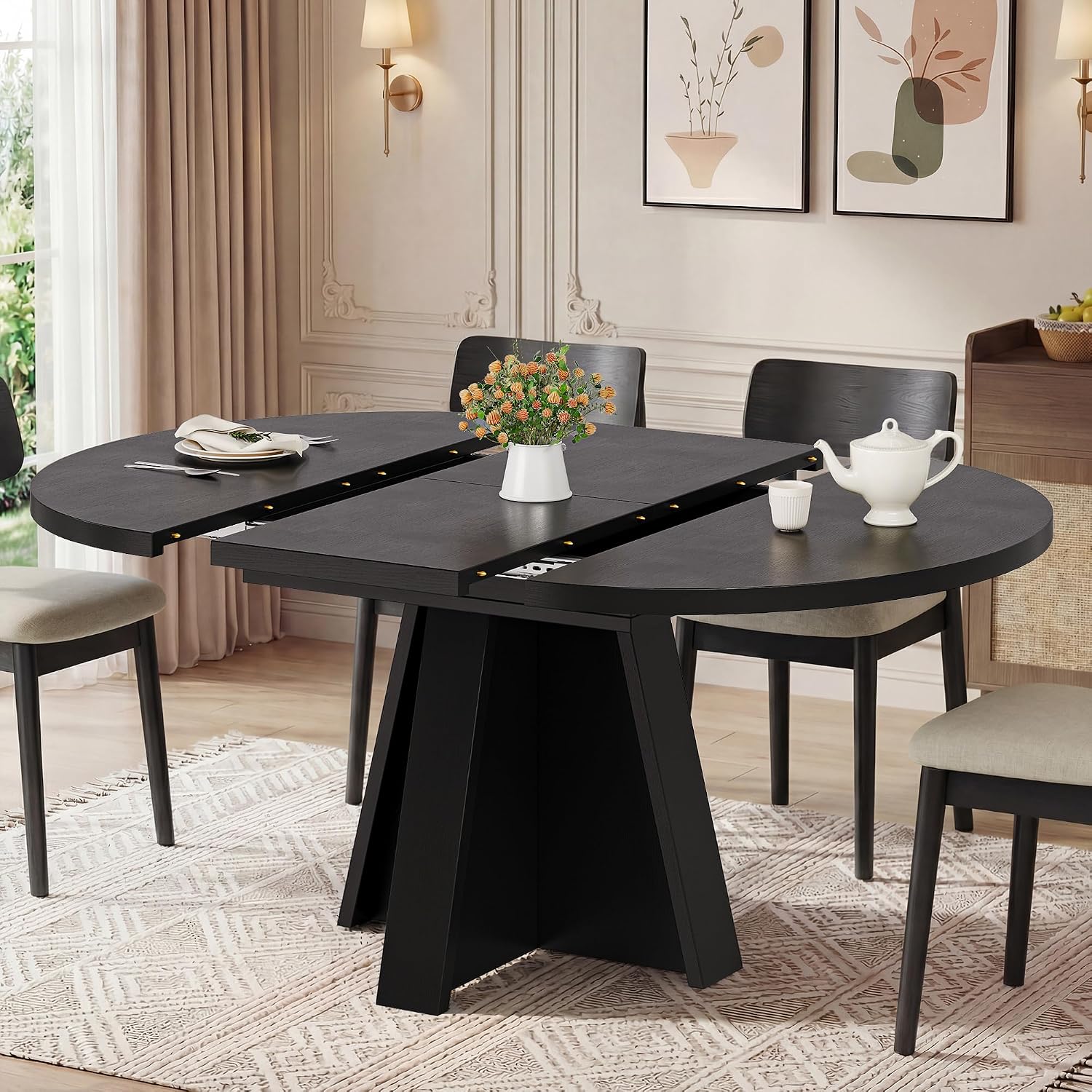 Einhomn 43"-59" Extendable Dining Room Table for 4-8 People, Oval Dining Table with Removable Leaves Space Saving, Round Expandable Kitchen Table for Dining Room Kitchen Living Room, Black