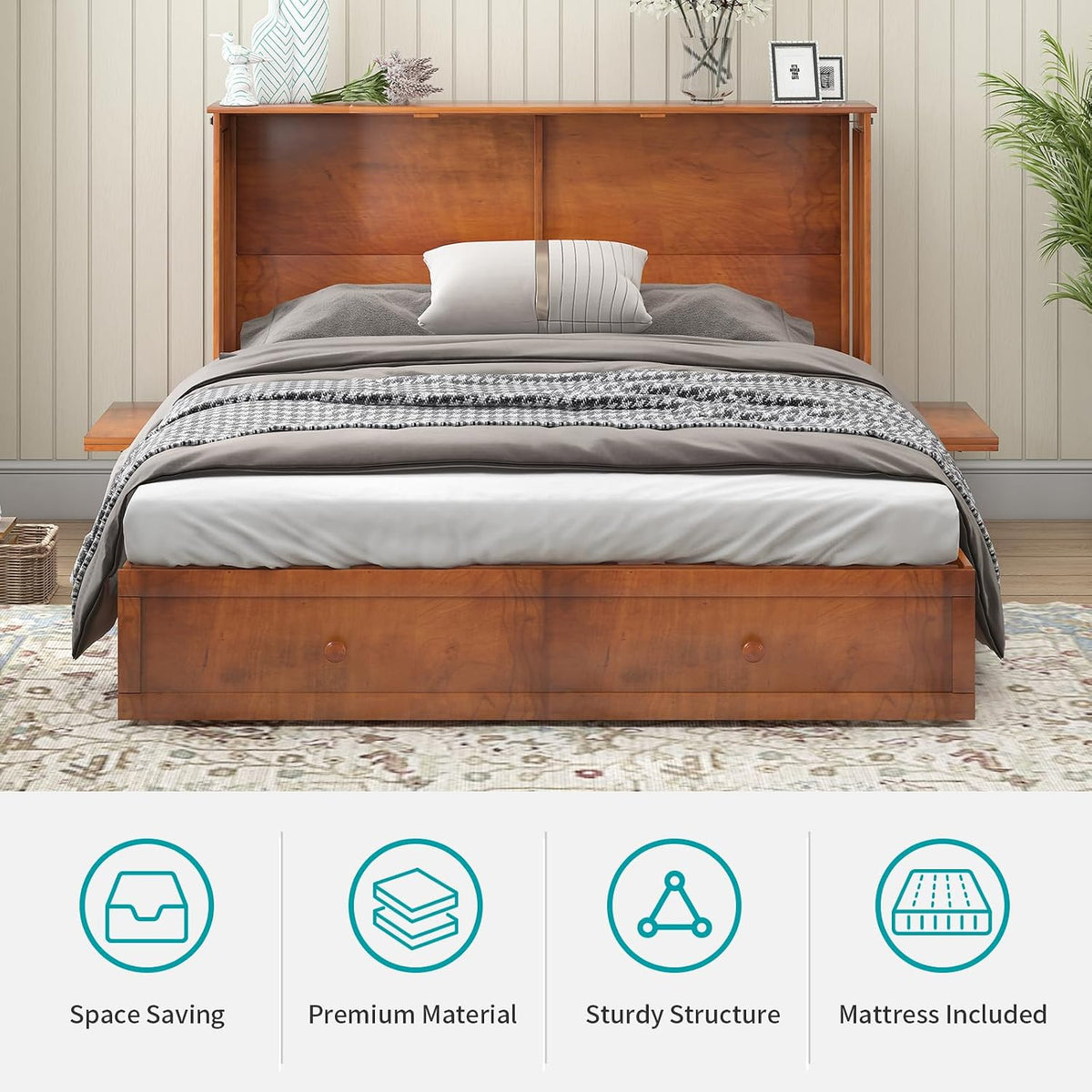 BALUS Murphy Bed, Queen Cabinet Bed with 2 Spacious Storage Drawers-Cherry | USB Charing Station, Spacious Drawer, Space Saving, Queen Bed Frame