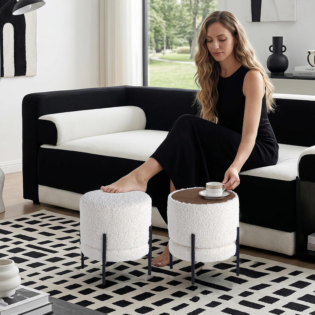 Get Set Style Multifunctional Ottoman with Side Table, Soft Round Footrest Stool,Vanity Stool with Metal Legs, Modern Decorative Furniture Vanity Chair for Makeup Room, Bedroom, Living Room