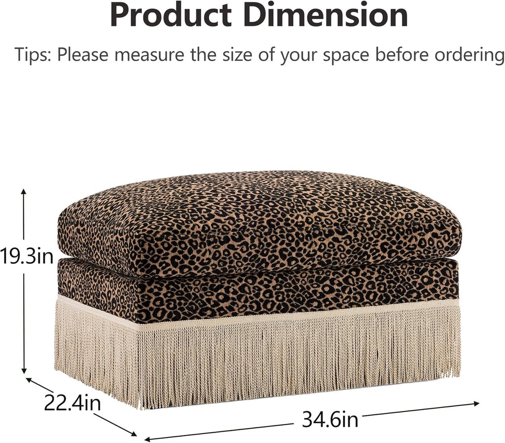 Ottoman Leopard Chenille – Brown & Black Modern Modular Footstool with Luxe Chenille Fabric, Tassel Trim, Ergonomic Support Assembly