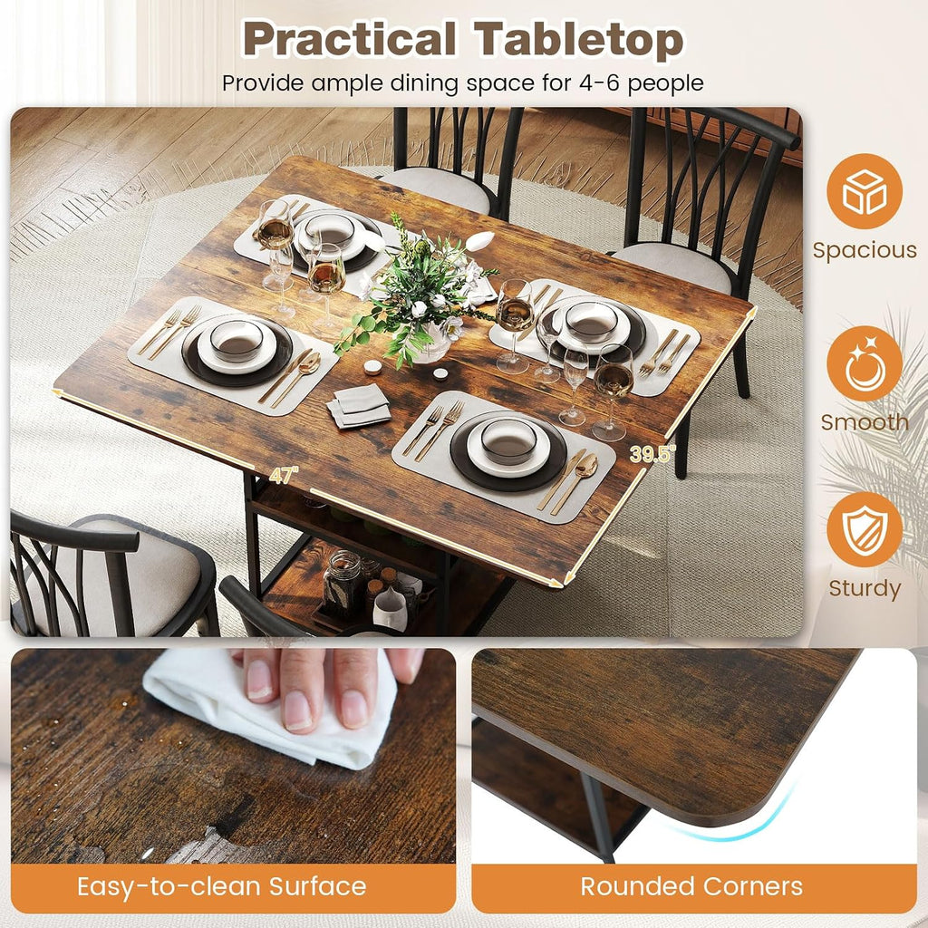 Giantex 47-inches Dining Table for 4-6, Rectangular Kitchen Table with 2 Open Storage Shelves & Sturdy Metal Legs, Farmhouse Dinette Table for Dinner, Dining Room, Living Room, Rustic Brown