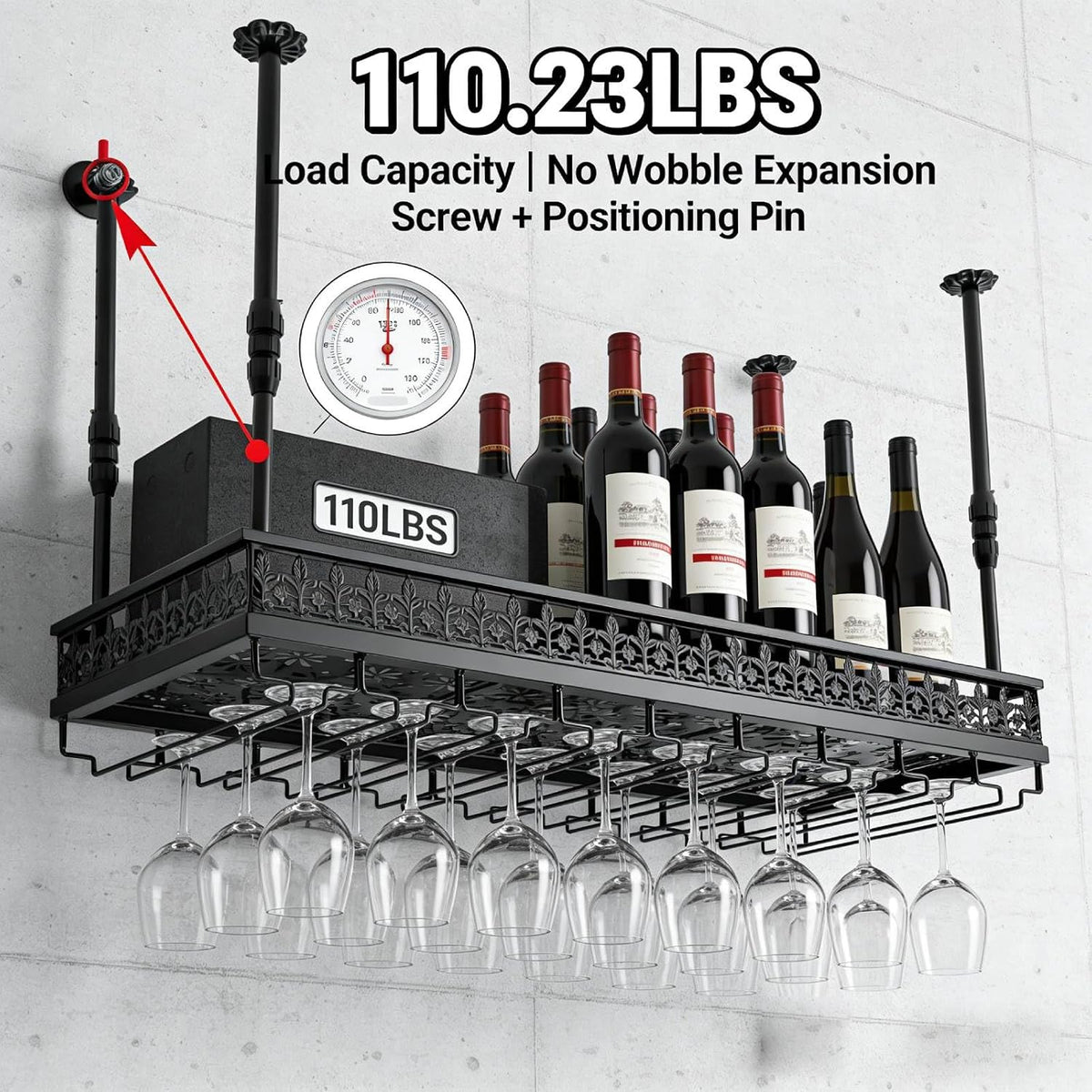 Hanging Wine Rack with Glass Holder and Shelf,Adjustable Metal Ceiling Mount Bar Wine Glass Rack,Industrial Wall Mounted for Bar Kitchen Cafe