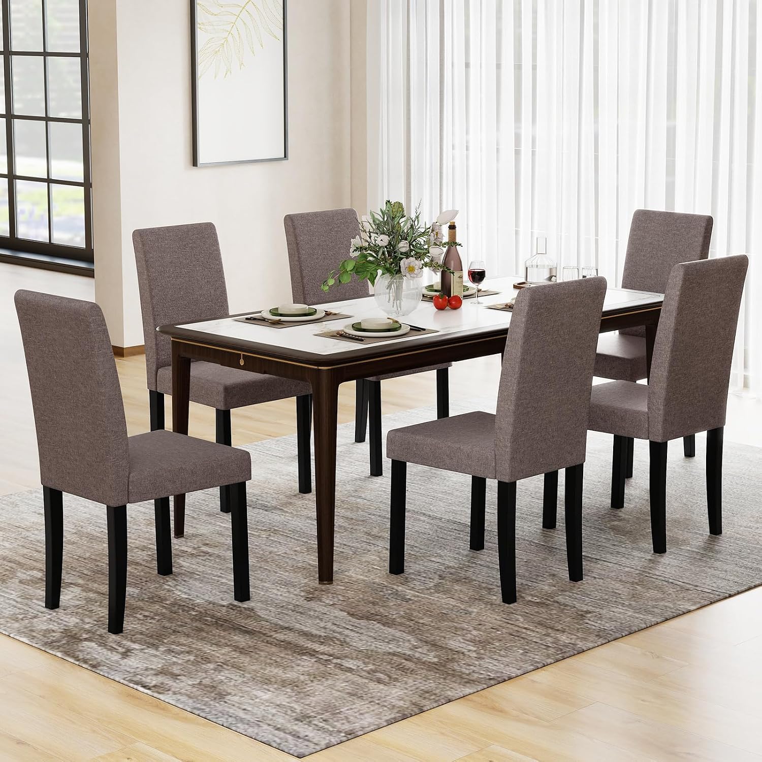 GOFLAME Upholstered Dining Chairs Set of 2, Fabric Kitchen Chairs with Padded Seat, Tilt Backrest, Rubber Wood Legs, Armless Side Chairs for Dining Room, Living Room, Restaurant, Brown