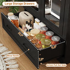 75" Tall Arched Kitchen Pantry Cabinet w Load-Bearing Steel Pipe,Modern Farmhouse Kitchens Storage Cabinet with Drawer and Glass Doors,Tall Arched Bookcase,Pantry Organizer(Woodgrain Black)