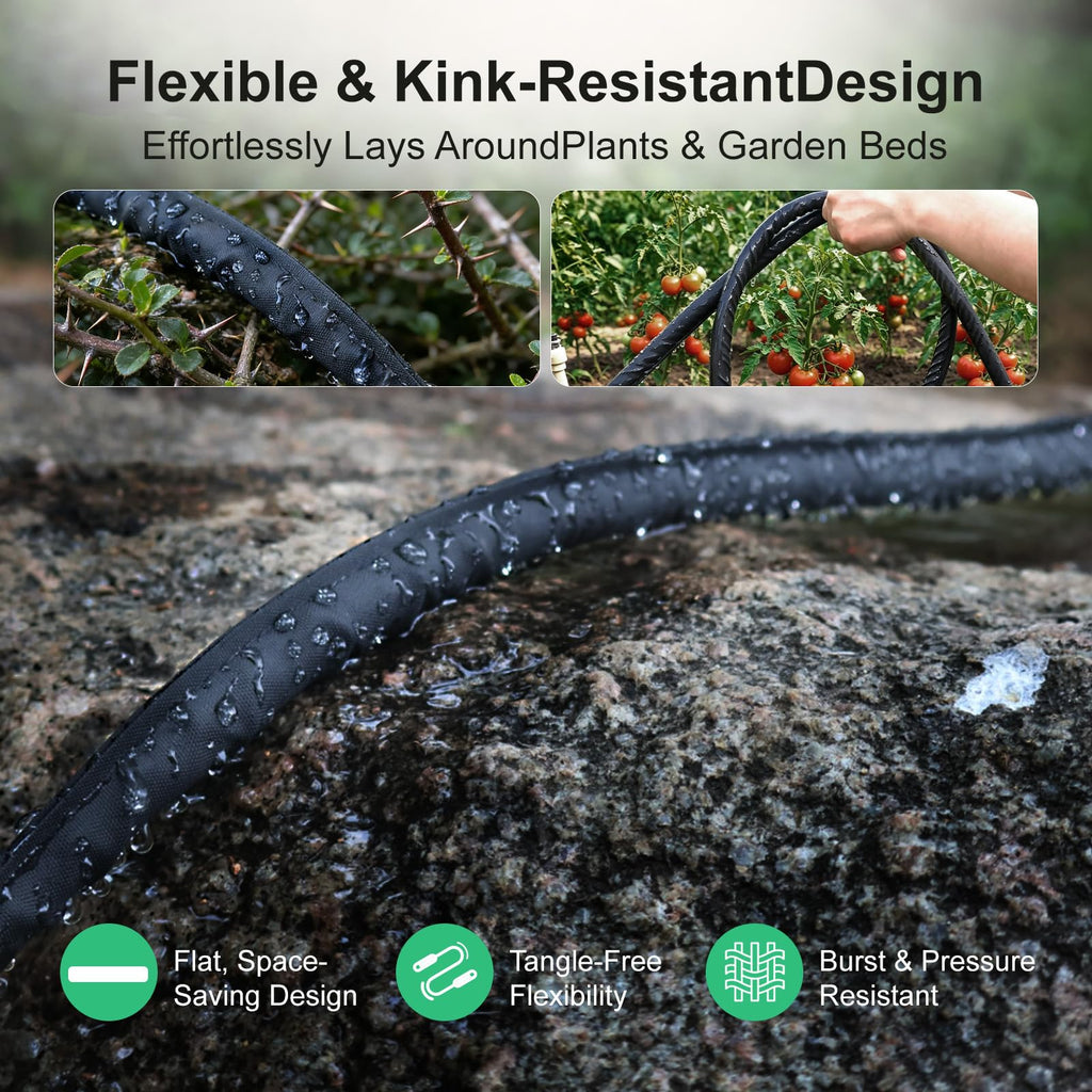 Apgooface Flat Soaker Hose 25 ft 4-Pack with Splitter, 80% Water-Saving Drip Irrigation Hose 100 ft, Linkable DIY Garden Soaker Hose System for Garden Beds, Lawn, Vegetables & Trees (25ft 4-pack)