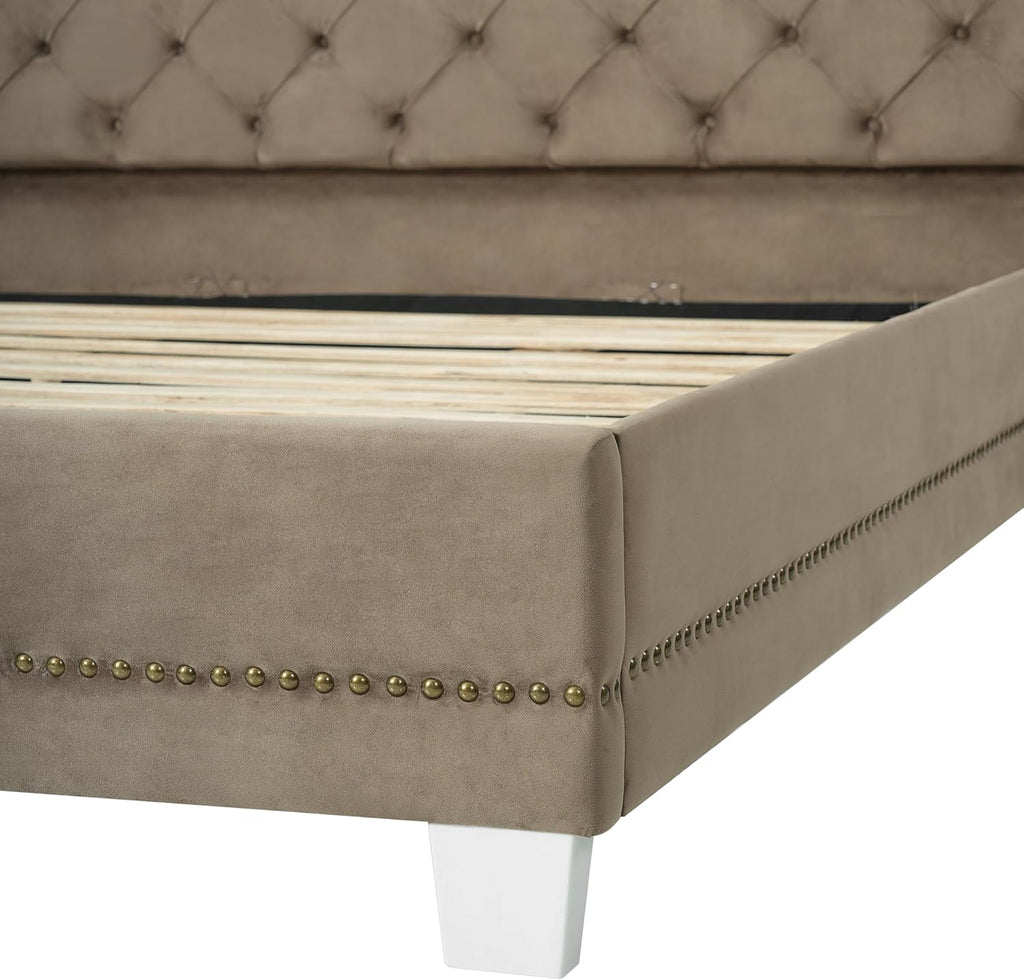 Merax Brown King Size Velvet Upholstered Bed Frame with Thick Tufted Wingback Headboard, Retro Classic Style Platform Bed with Sturdy Wood Slatted Support and Legs, No Box Spring Needed, Bear 700lbs