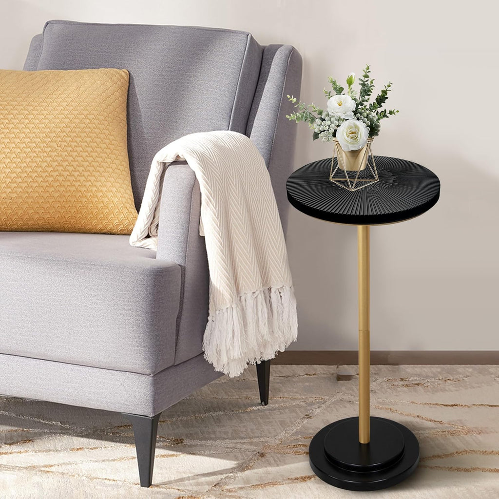 COVLON Drink Table, Small Pedestal Side Table with Wooden Carved Top for Living Room, Bedroom, Small Space, Gold and Black