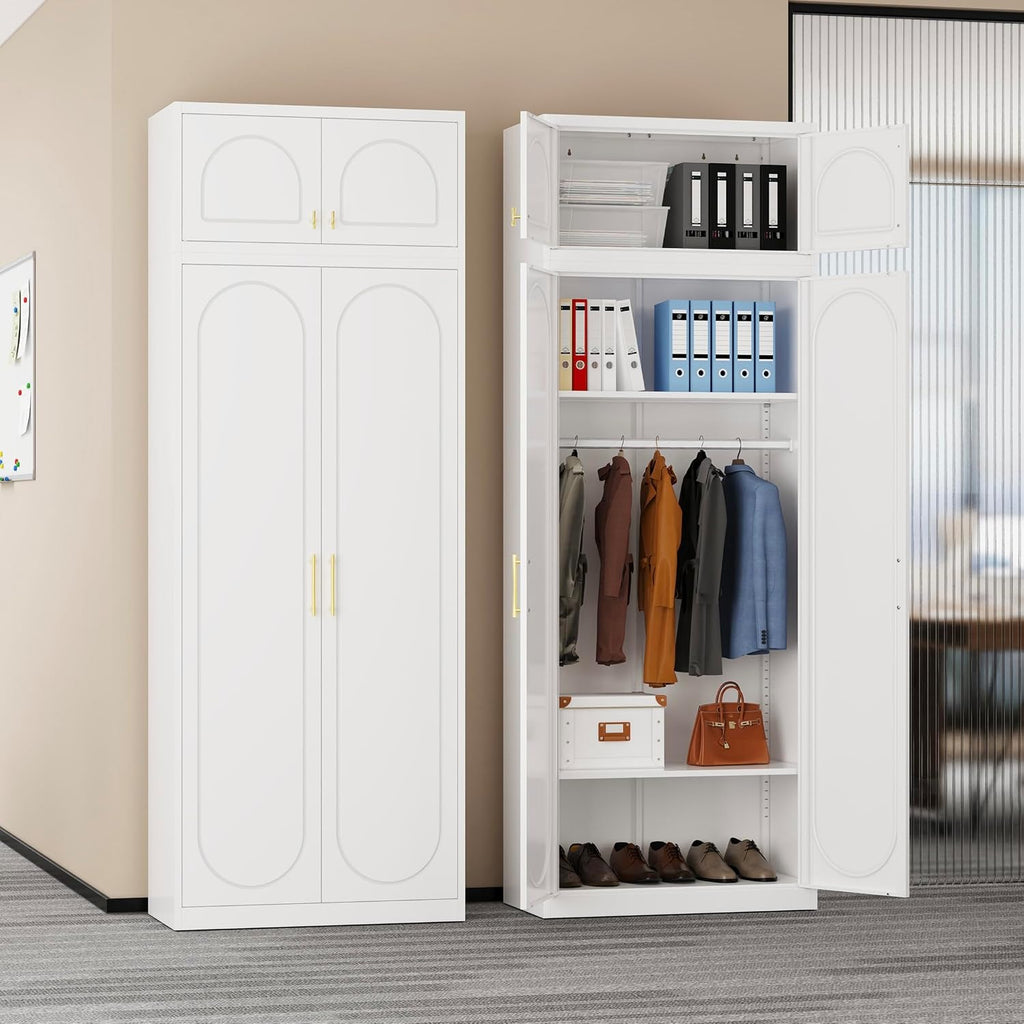 86" Tall Wardrobe Closet with Doors and Adjustable Shelves, White | Metal Armoire Wardrobe Closet, Wardrobe Cabinet with Hanging Rod, White Clothing Storage Cabinets for Bedroom, Home Office