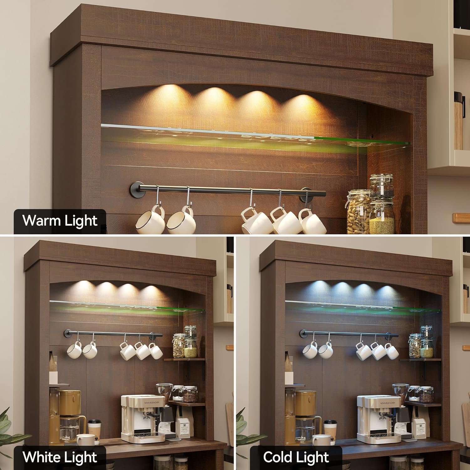 72" Tall Farmhouse Coffee Bar Cabinet with LED Lights – Kitchen Pantry Hutch, Adjustable Shelves, Glass Shelf, Wine Rack, Microwave Stand – Sideboard for Dining/Living Room – Brown-Red