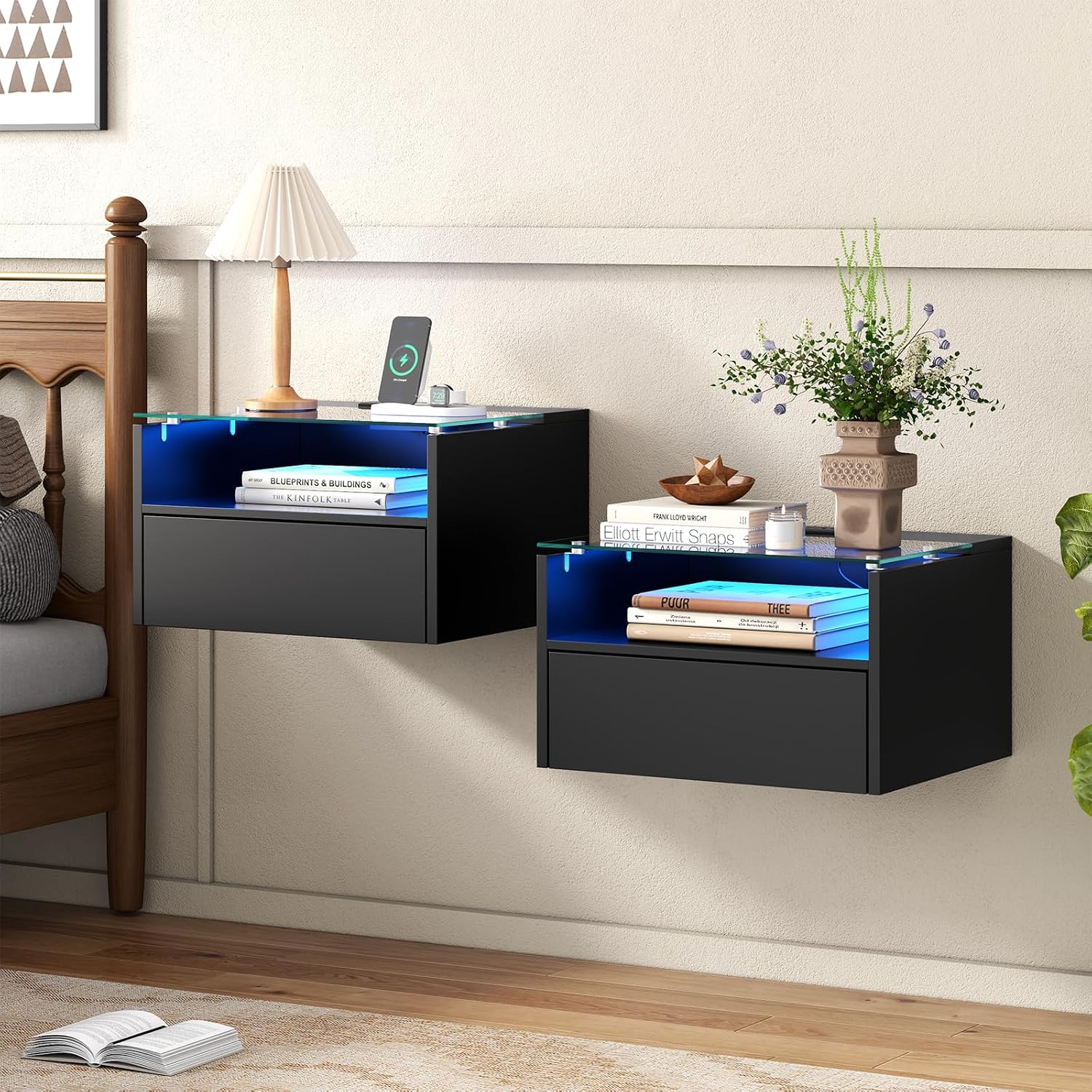 Black Floating Nightstand Set of 2 with Charging Station, 18.9" Extended Bedside End Table with Drawer and LED, Modern Wall Mounted Night Stand Side Table with Open Shelf for Bedroom