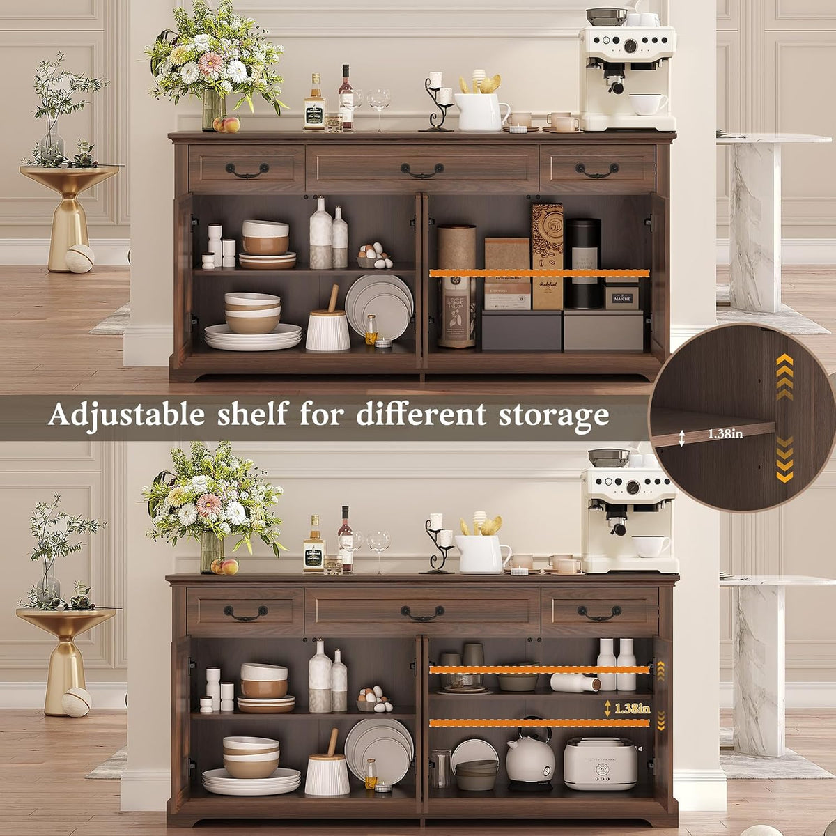 Vipbear 65" Large Sideboard Buffet Cabinet with Storage, Farmhouse Buffet Table Wine Coffee Bar Kitchen Storage Cabinet with 3 Drawers 4 Doors for Living Room, Kitchen, Dining Room, Dark Walnut
