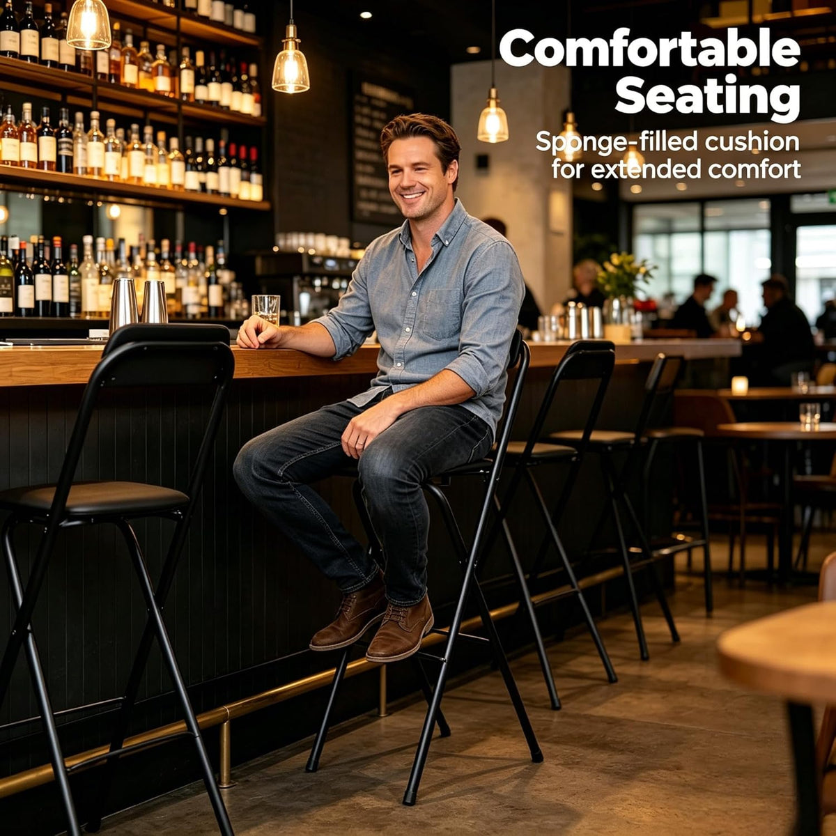 SHZICMY Folding Bar Stool with Backrest, Tall Foldable Stool Chair, Portable High Folding Bar Chair Counter 29.5" Height Seat Leather Padded for Adults Kitchen Counter Room Home Camping, Black