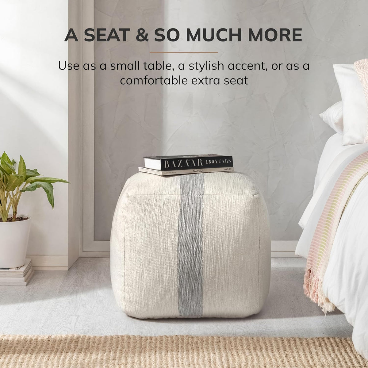 Anji Mountain Artisan Crafted Cotton Blend Pouf Ottoman | Versatile Floor Seating & Footstool for Living Room | Modern Boho Home Décor Accent | Filled Pouffe | Soft & Fluffy Ottoman Pouf, Lightweight, Decorative Floor Pouf Seating for Bedroom & Home