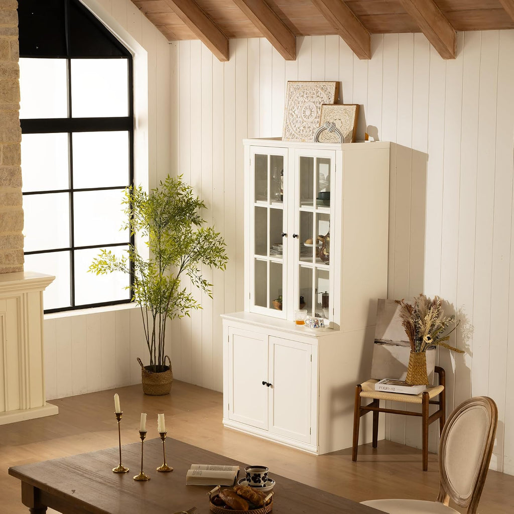 Havemies 36” Wide Freestanding Pantry with Glass Lattice Door, 75” Tall Farmhouse Kitchen Cabinet for Dishes, Linens & Storage, White Finish