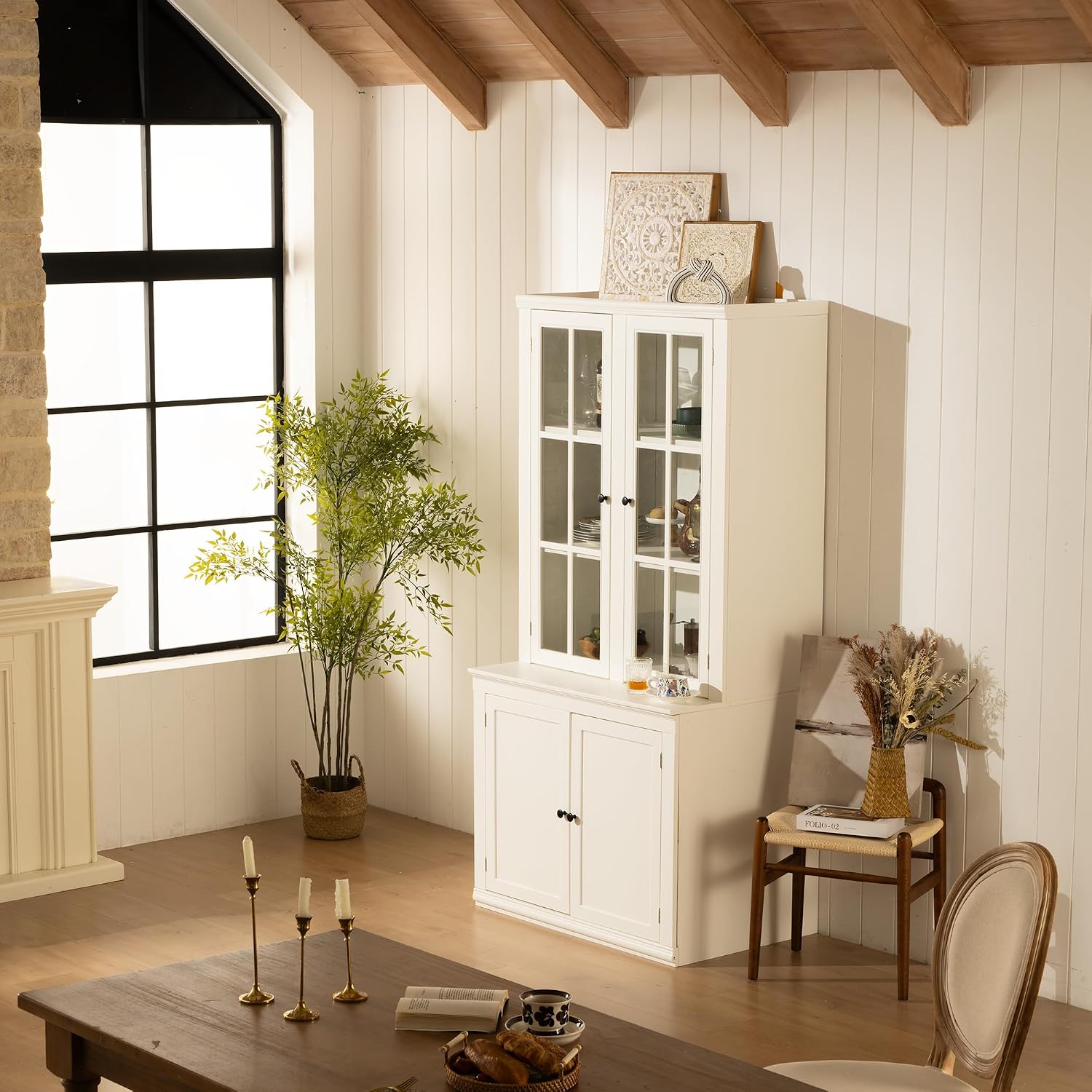 Havemies 36” Wide Freestanding Pantry with Glass Lattice Door, 75” Tall Farmhouse Kitchen Cabinet for Dishes, Linens & Storage, White Finish
