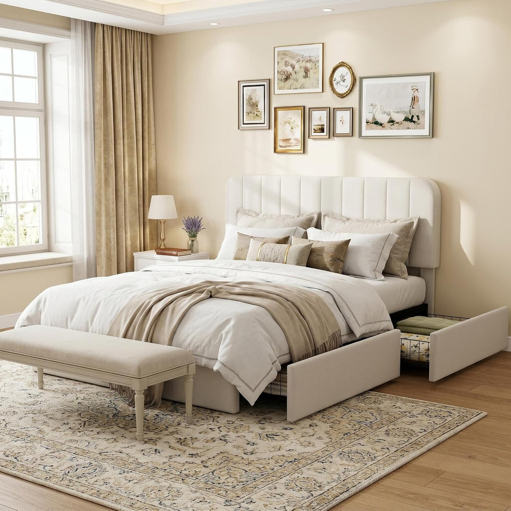 IDEALHOUSE Queen Size Velvet Upholstered Bed Frame, Beige