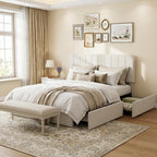 IDEALHOUSE Queen Size Velvet Upholstered Bed Frame, Beige